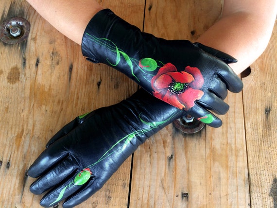 Personalized gloves womens Leather arm warmers Hand painted Red Poppy art