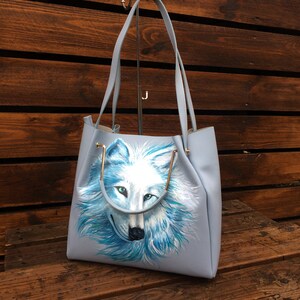 Leather laptop bag Large tote work bag women Personalized hand painted White Wolf art image 2