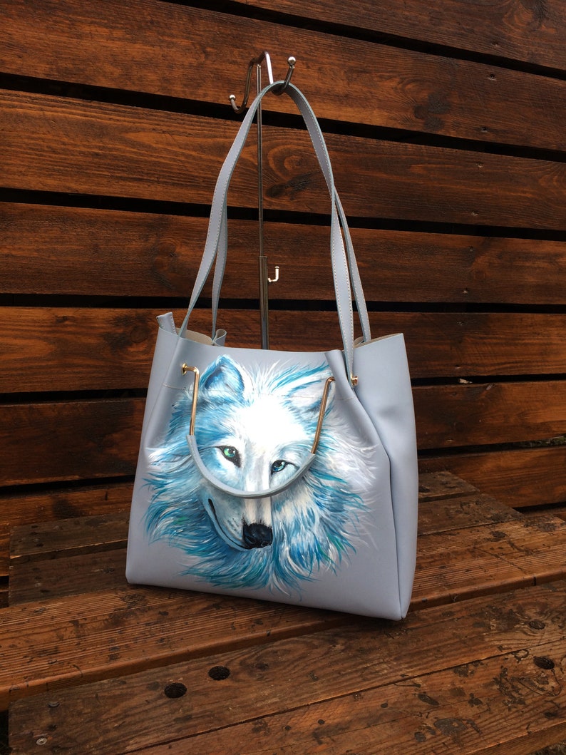 Leather laptop bag Large tote work bag women Personalized hand painted White Wolf art image 2