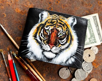 Mens wallet trifold Personalized leather coin purse Hand painted tiger gifts for him