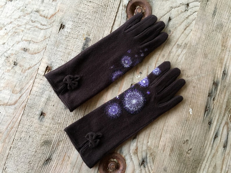 Brown wool gloves Long winter gloves women Hand painted Size 6.5-7.5 XS M