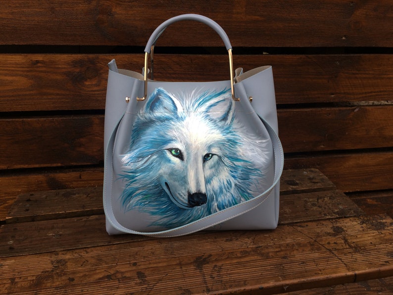 Leather laptop bag Large tote work bag women Personalized hand painted White Wolf art image 1