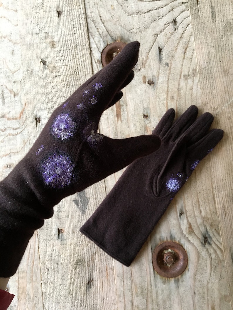 Brown wool gloves Long winter gloves women Hand painted Size 6.5-7.5 XS M