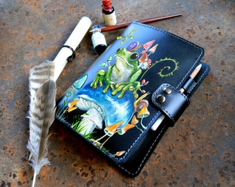 Refillable Mushroom journal Leather planner Frog notebook cover personalized Hand painted A5