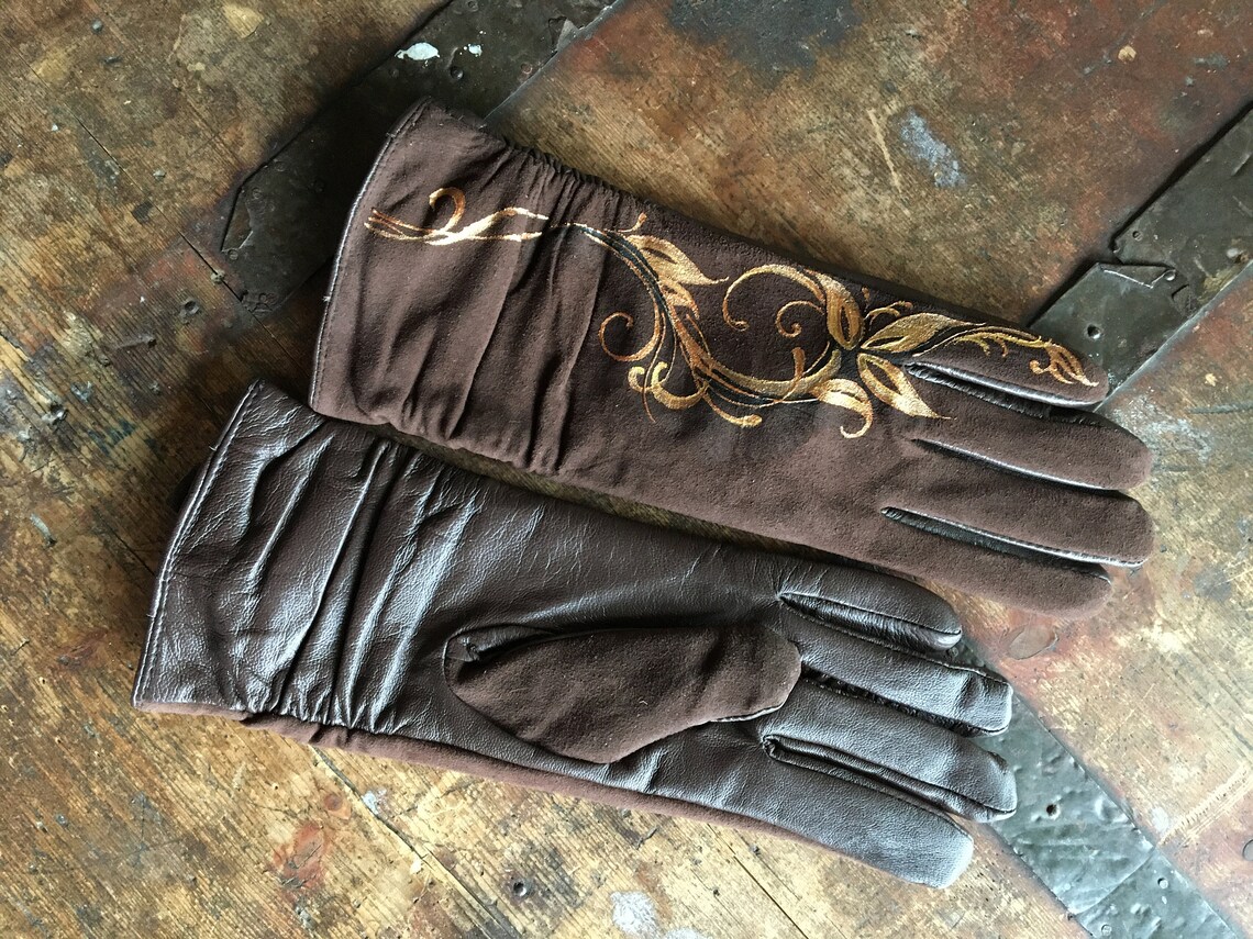 Brown suede gloves womens Ladies arm warmers Hand painted Size | Etsy