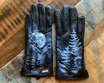 Harvest Moon gothic gloves Witch black leather gloves personalized Hand painted
