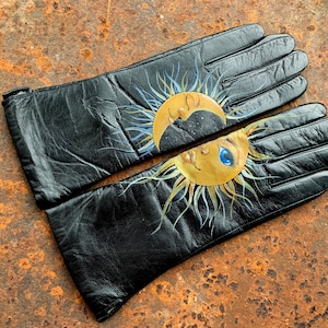 Gants en cuir noir or Carte de tarot art à la main Peint à la main