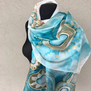 Hand painted silk Teal scarf women Large long silk shawl Anniversary gifts idea