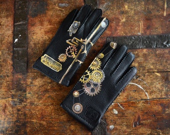 Leather gloves men Hand painted Steampunk art