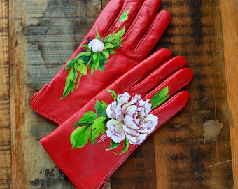 Rote Lederhandschuhe für Damen, handbemalt mit Pfingstrosenmotiven (Japandi).
