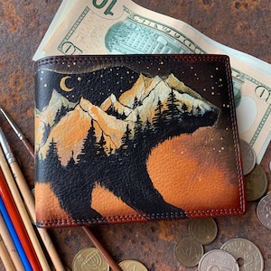 Cartera de oso Cartera delgada plegable Regalo personalizado para el tercer aniversario Cartera de bosque pintada a mano