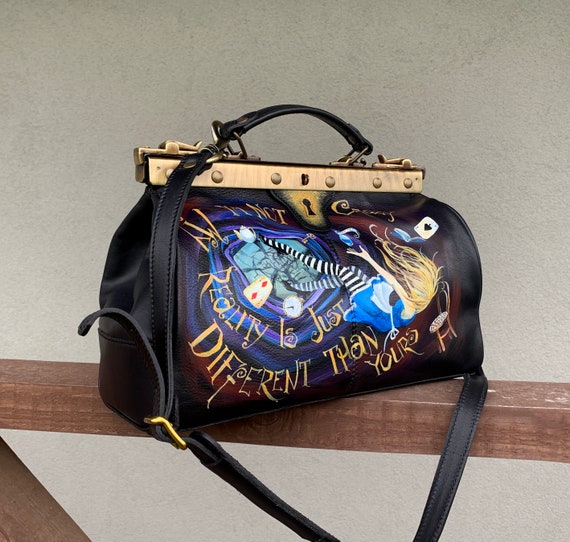 Black leather doctor bag Alice from Wonderland Hand painted leather hand bags for women