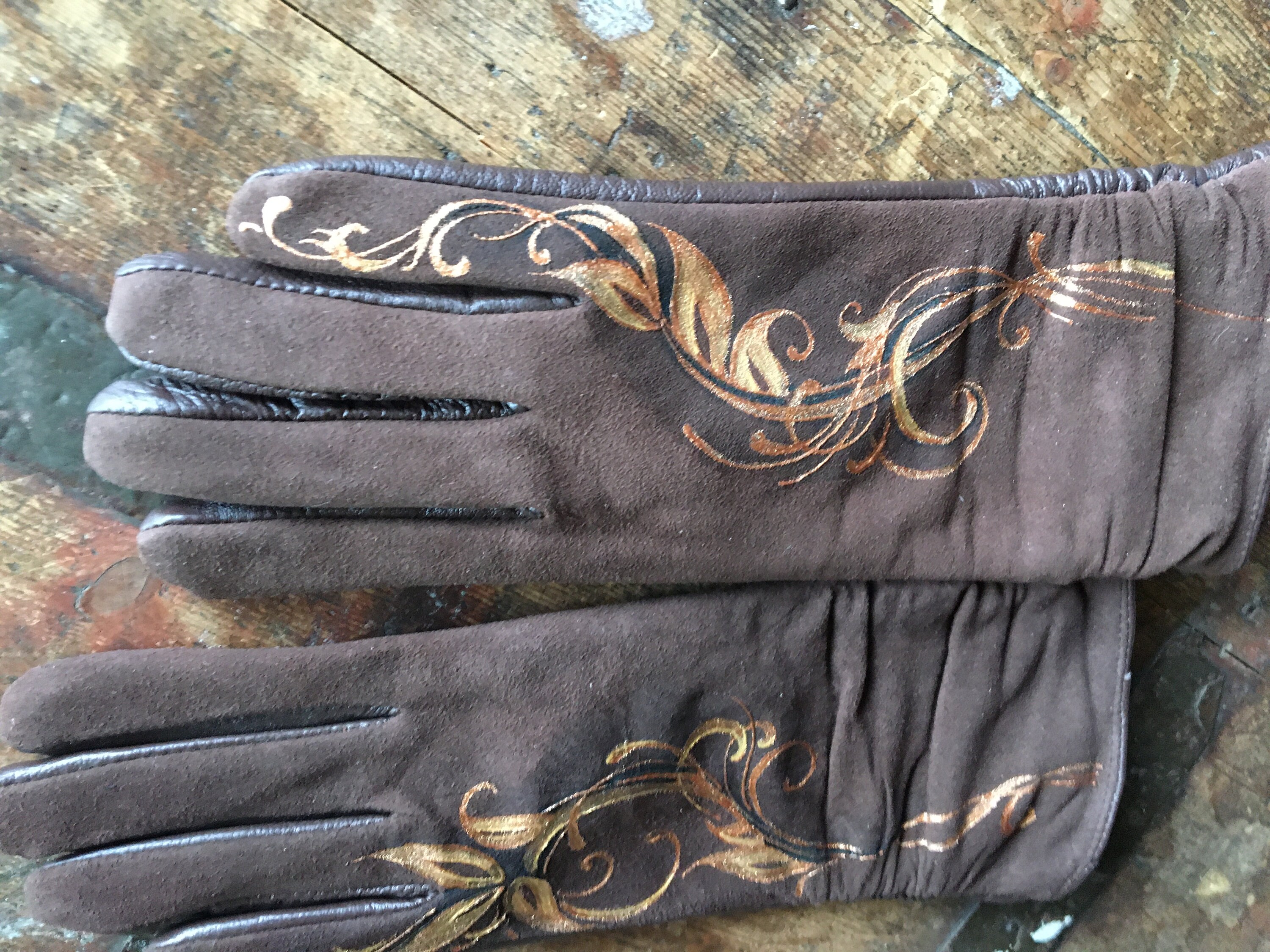 Brown suede gloves womens Ladies arm warmers Hand painted Size | Etsy