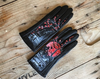 Winter gloves women Black red leather mittens with painted Japanese art