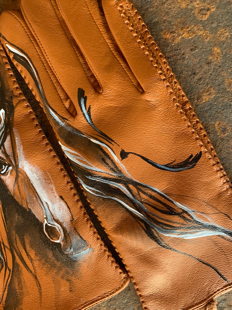 Brown gloves Leather ladies gloves Hand painted hors art image 4