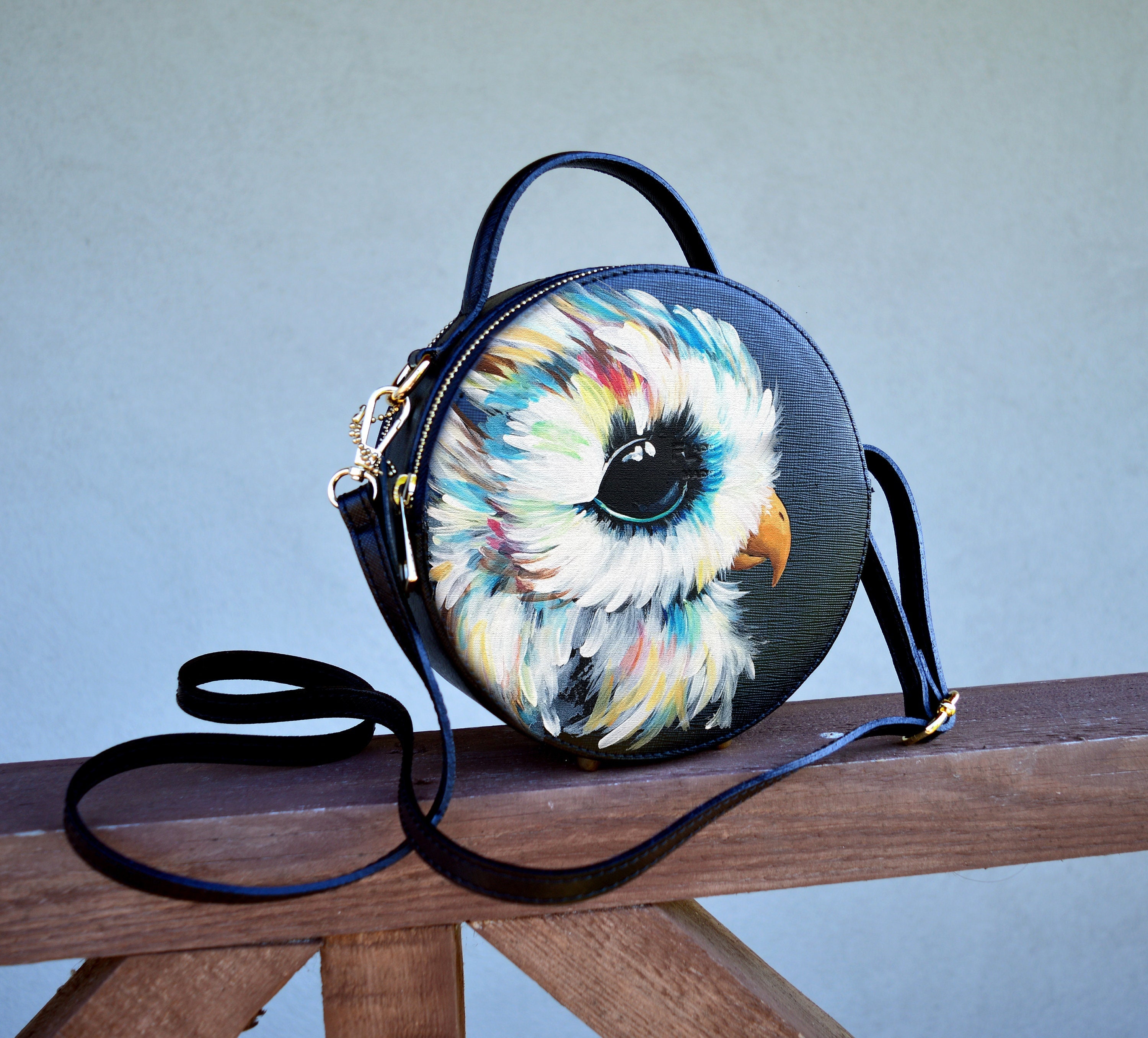 Round leather purse Owl wallet crossbody Leather messenger bag black Hand painted