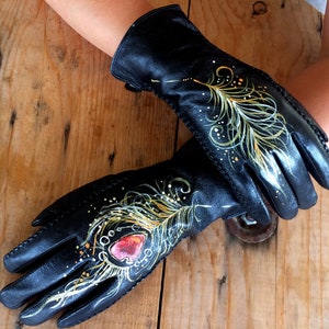 Leather gloves Personalized arm warmers Hand painted gold feather art