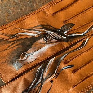 Brown gloves Leather ladies gloves Hand painted hors art image 2