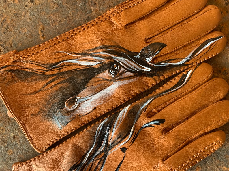 Brown gloves Leather ladies gloves Hand painted hors art image 2