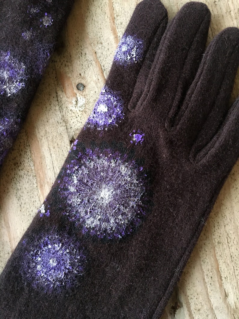 Brown wool gloves Long winter gloves women Hand painted Size 6.5-7.5 XS M