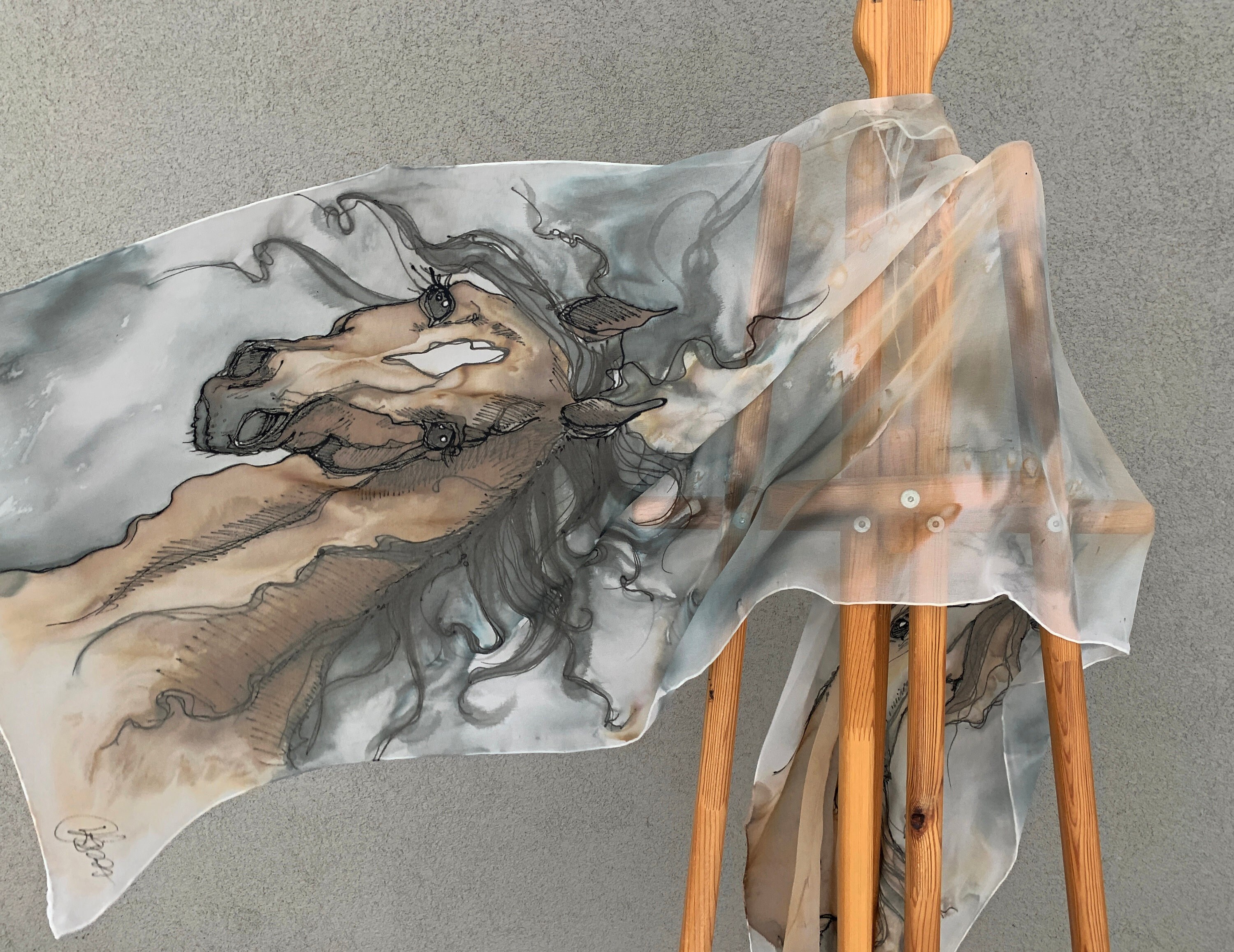 Hand painted silk scarf Large long silk shawl Horse lover gift