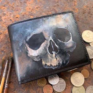 Cartera gótica plegable de cuero para hombre, diseño de calavera pintada, regalo de motociclista.