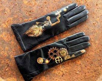 Steampunk leather gloves womens Ladies gloves Hand painted leather arm warmers