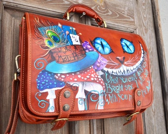 Leather briefcase Shoulder leather satchel Cheshire smile & Mad hatters Hat hand painted art