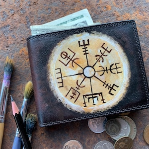 Portefeuille boussole viking à deux volets mince cadeau 3e anniversaire personnalisé homme cuir peint à la main