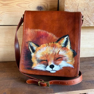Bolso de mensajero para hombre Bolso bandolera grande Bolso de cuero para computadora portátil Regalos de Fox pintados a mano para él