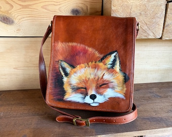 Messenger bag men Large crossbody satchel Leather laptop bag Hand painted Fox gifts for him