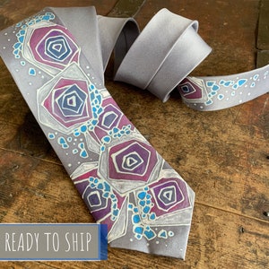 Grey necktie Hand painted skinny tie