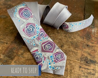 Grey necktie Hand painted skinny tie