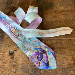 Sage green and very peri tie Maximalist floral necktie Hand painted teal purple silk tie