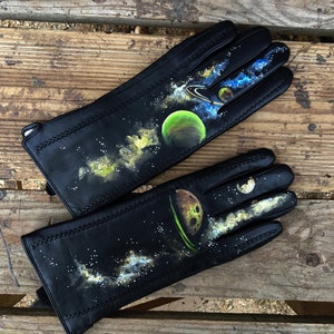 Black gloves womens Leather gloves Hand painted Solar system art