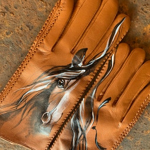 Brown gloves Leather ladies gloves Hand painted hors art image 3