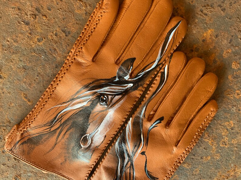 Brown gloves Leather ladies gloves Hand painted hors art image 3