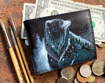 Bear wallet bifold slim Personalized 3rd anniversary gift men Hand painted leather