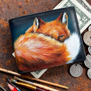 Fox wallet bifold slim Personalized 3rd anniversary gift men Hand painted leather