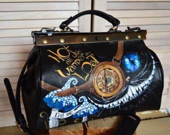 Alice from Wonderland leather doctor bag Hand painted personalized bag