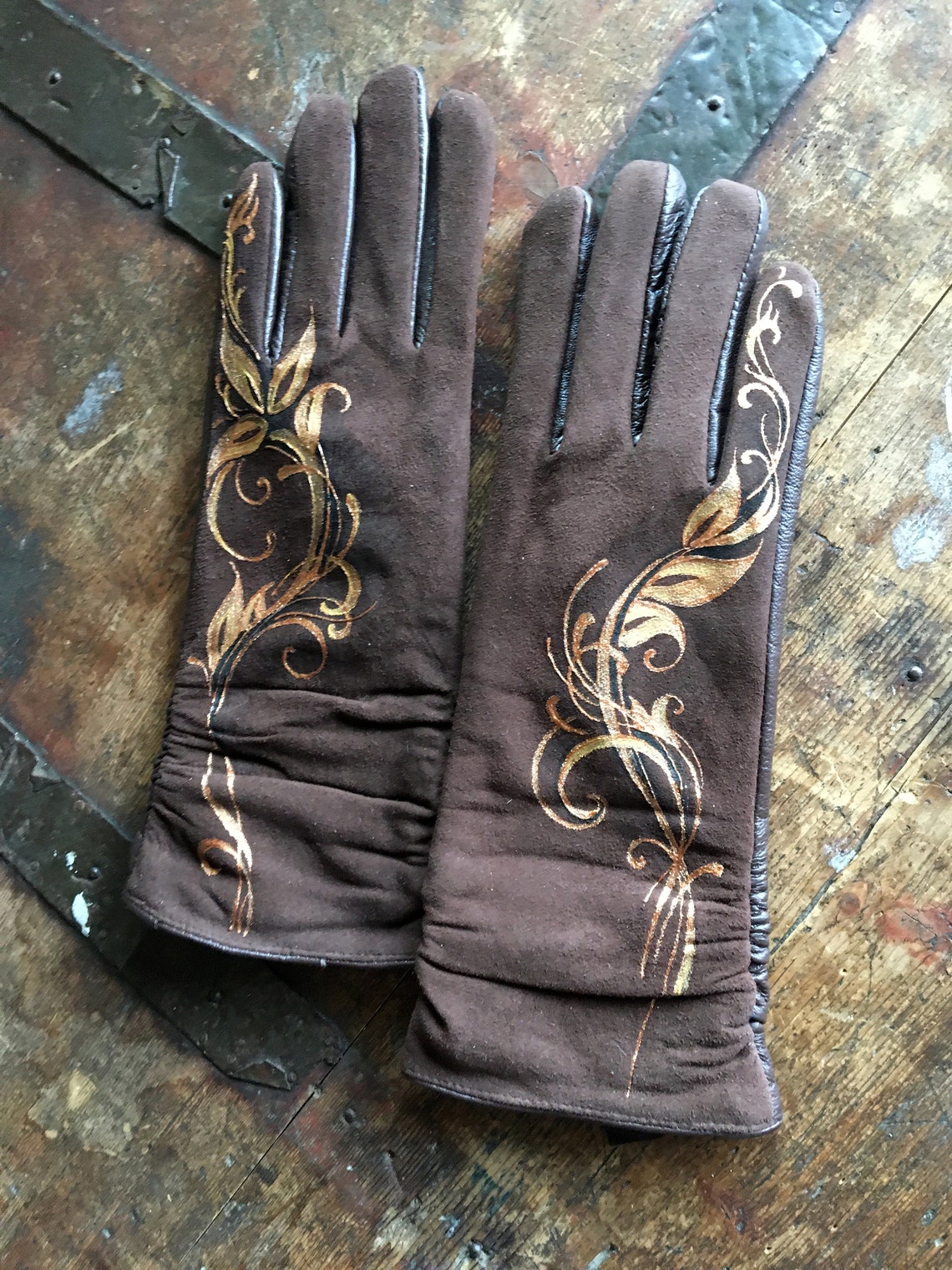 Brown suede gloves womens Ladies arm warmers Hand painted Size | Etsy