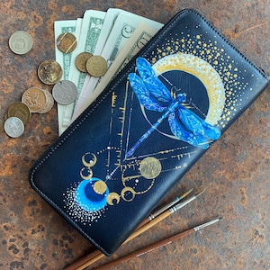 Lange Leder Geldbörse Damen Personalisierte Reißverschluss Geldbörse Handgemalte Libelle Kunst