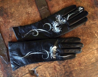 Black gloves Personalized winter gloves women Hand painted leather