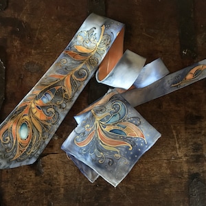 Tie and pocket square set Burnt orange blue necktie Hand painted