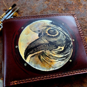 Carteira steampunk de médico da peste, porta-cartões de caveira de corvo, couro, pintada à mão