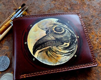 Plague doctor steampunk wallet Crow raven skull card holder leather Hand painted