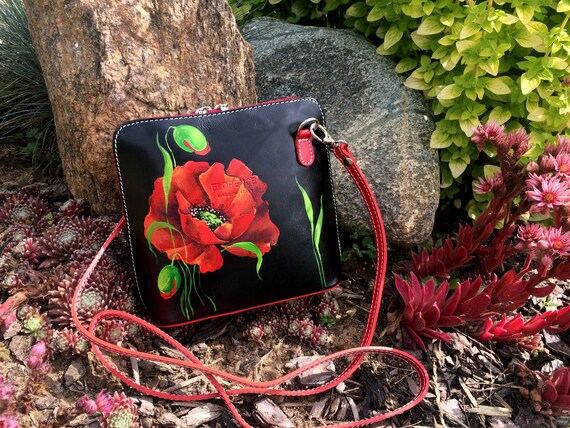 Miniature crossbody wallet Leather purse Painted poppy art | Etsy