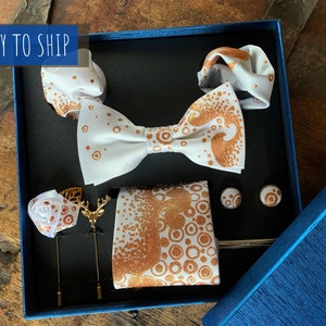 Floral Hand-Painted Necktie Set: White & Mocha - Jacquard Woven