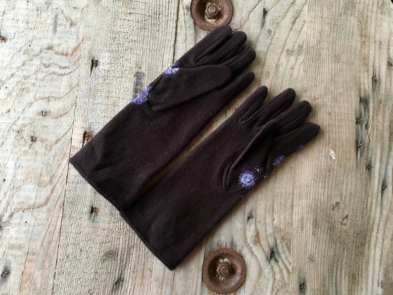 Brown wool gloves Long winter gloves women Hand painted Size 6.5-7.5 XS M