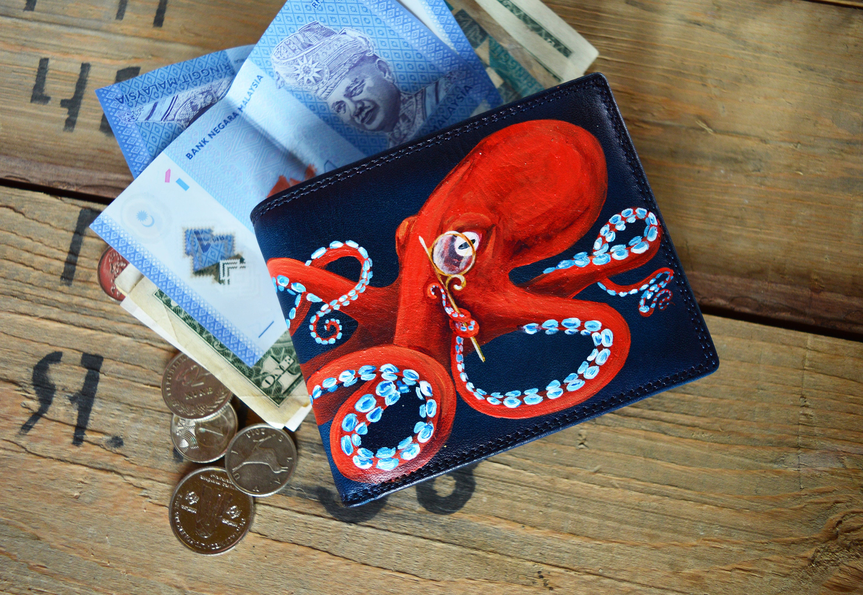 Mens wallet personalized Small leather wallet Kraken art hand Etsy